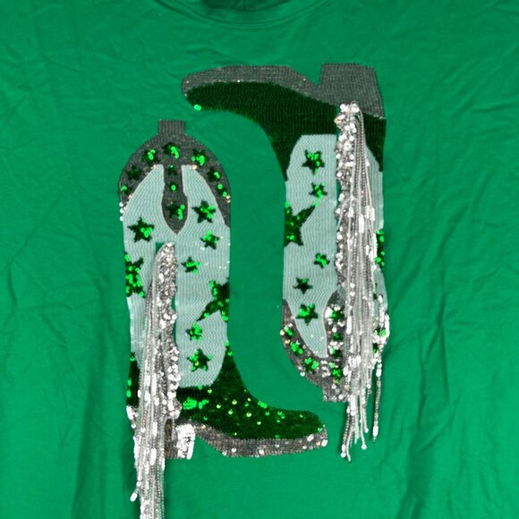 Blue B. Sequin Cowgirl Boot Graphic Tee Kelly Green Size Large - Picture 1 of 7